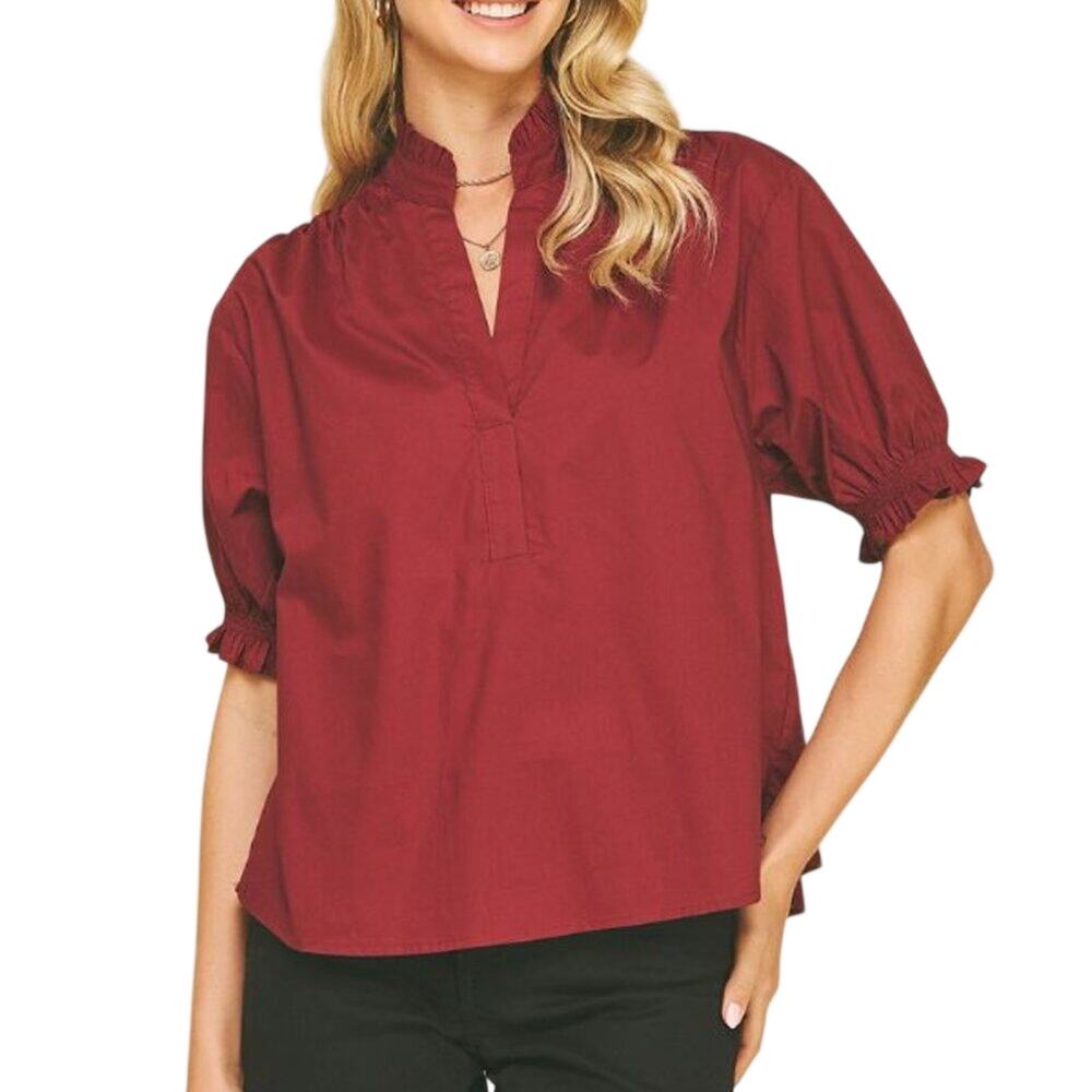 NWT PINCH - Burgundy Ruffle Collar Blouse | Puff Sleeve Boutique Top Large